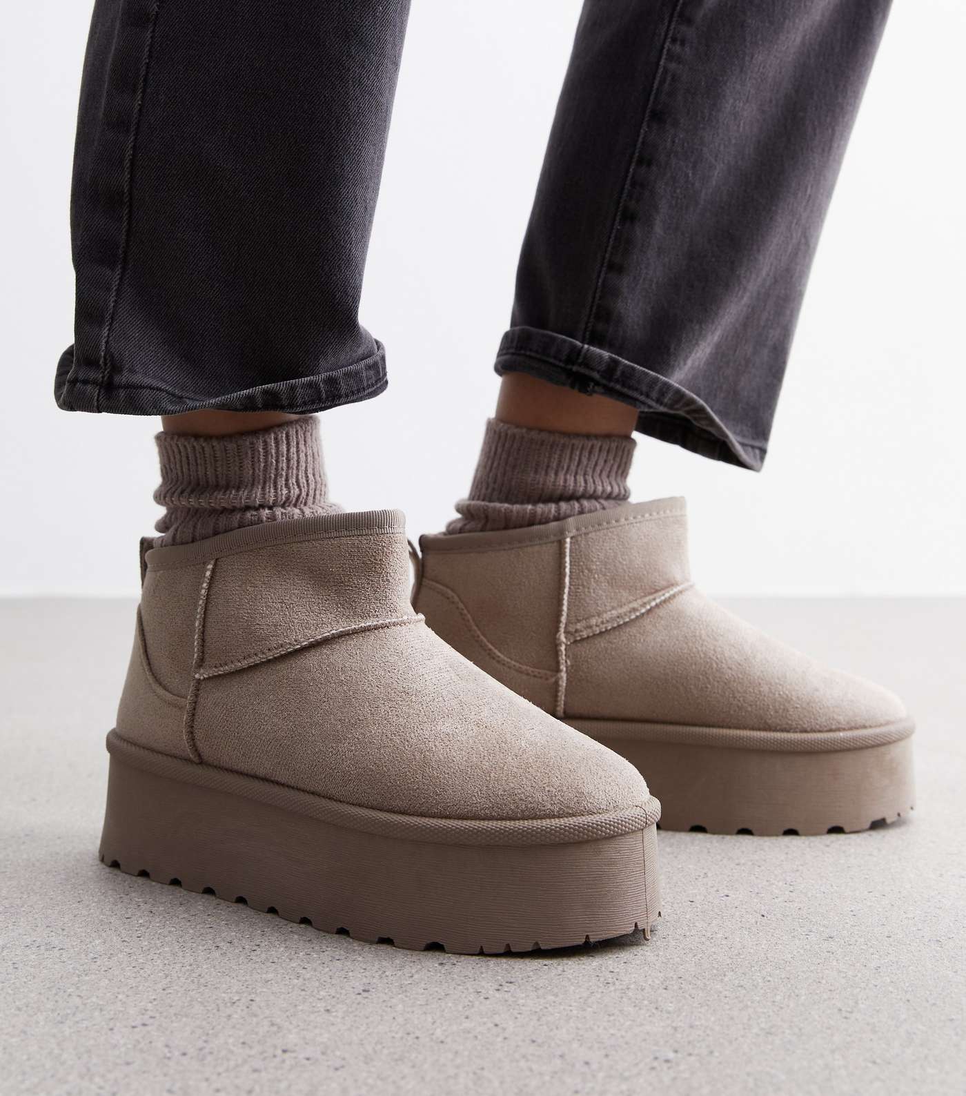 Truffle Grey Suedette Flatform Slipper Boots Image 2