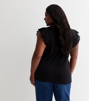 Curves Black Embroidered Frill Sleeve T-Shirt New Look