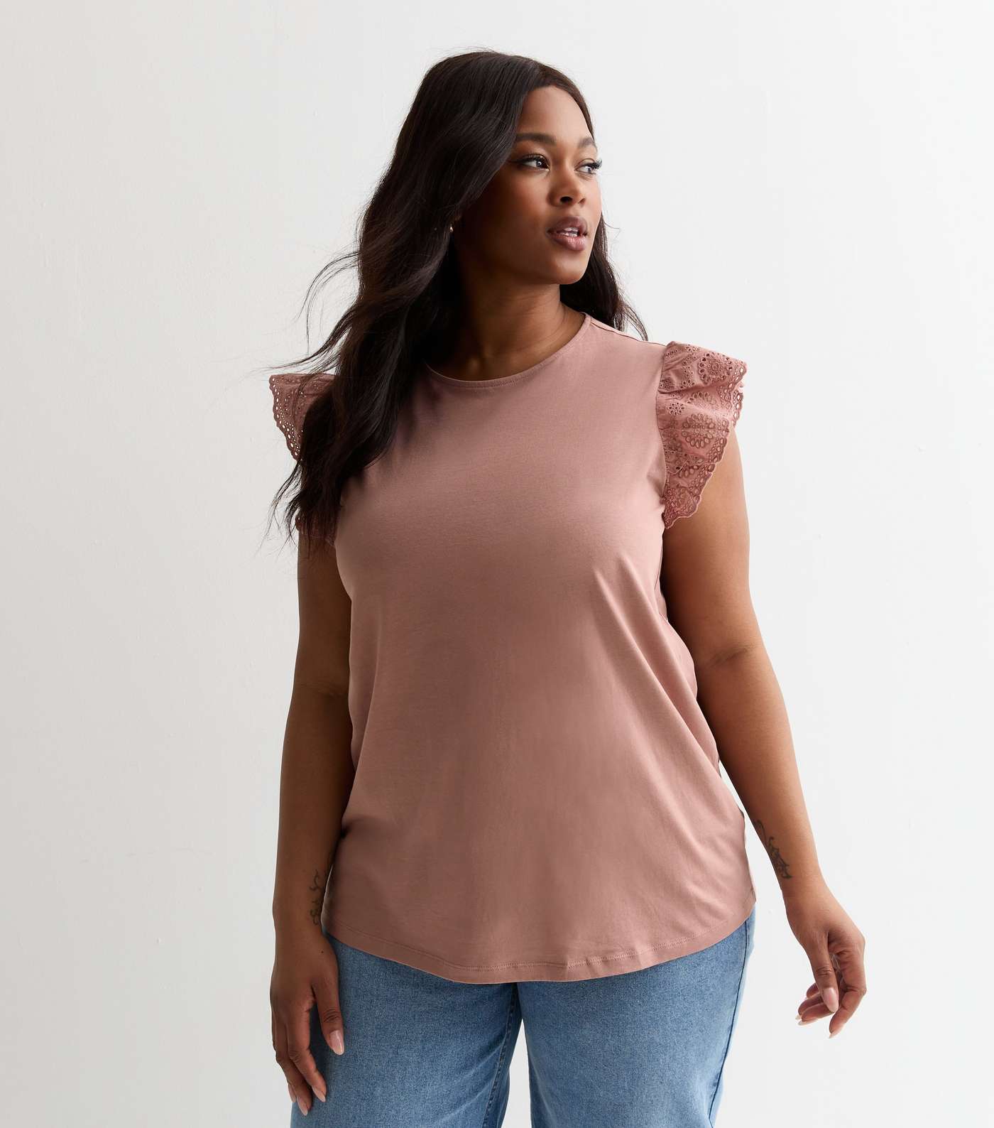 Curves Mid Pink Embroidered Frill Sleeve T-Shirt Image 3