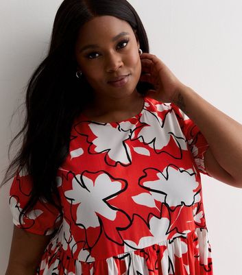 Curves Red Sketch Floral Midi Dress New Look