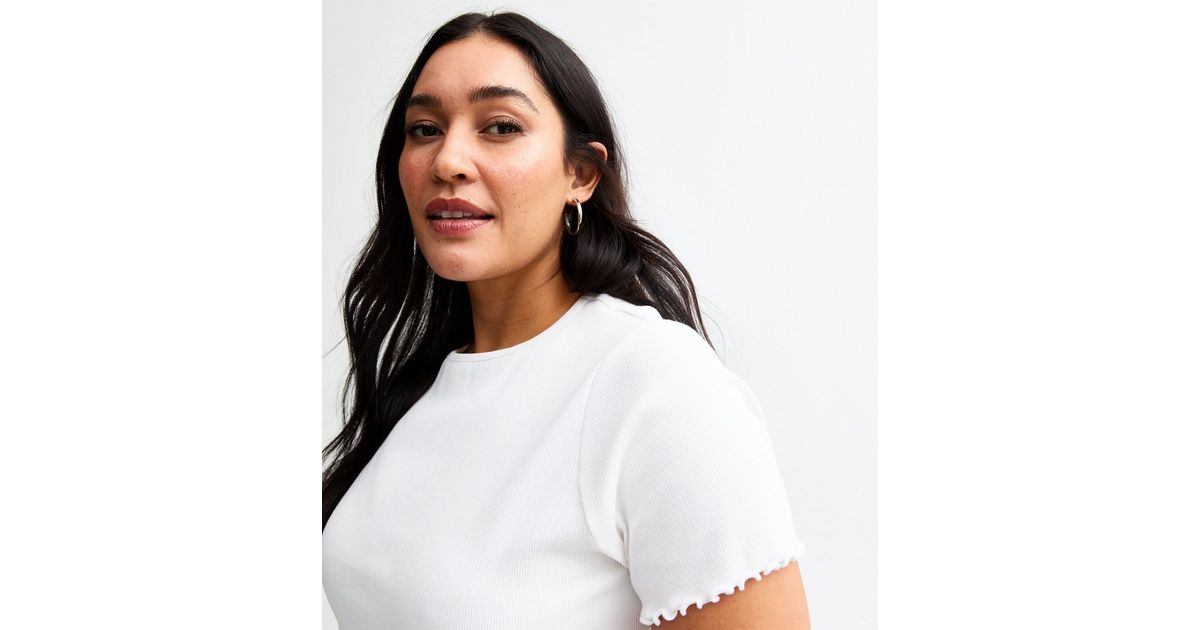 Curves White Ribbed Frill T-Shirt | New Look