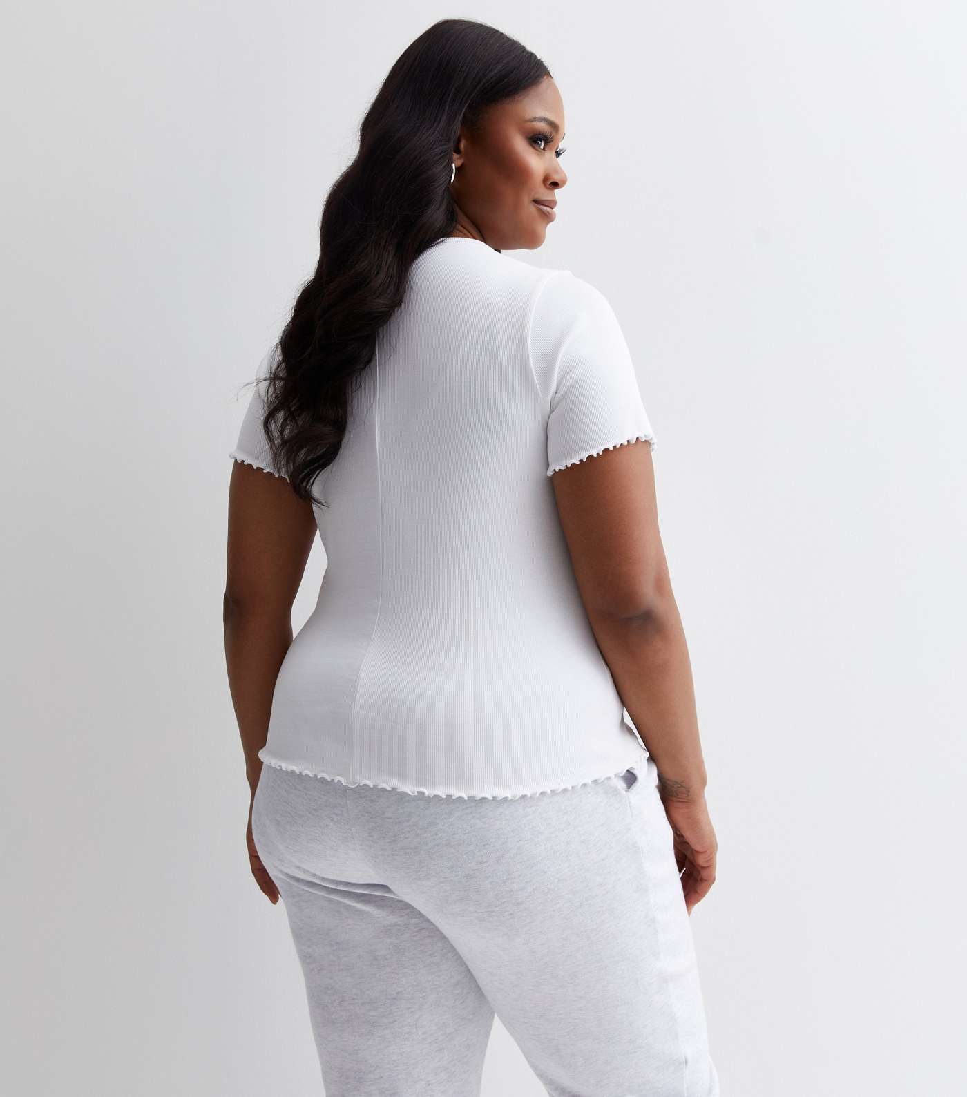Curves White Ribbed Frill T-Shirt Image 4