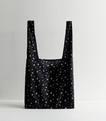 Black Star Print Packable Shopper Tote Bag New Look