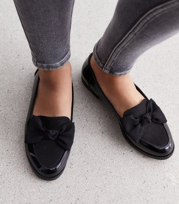 Black Patent Suedette Bow Loafers New Look