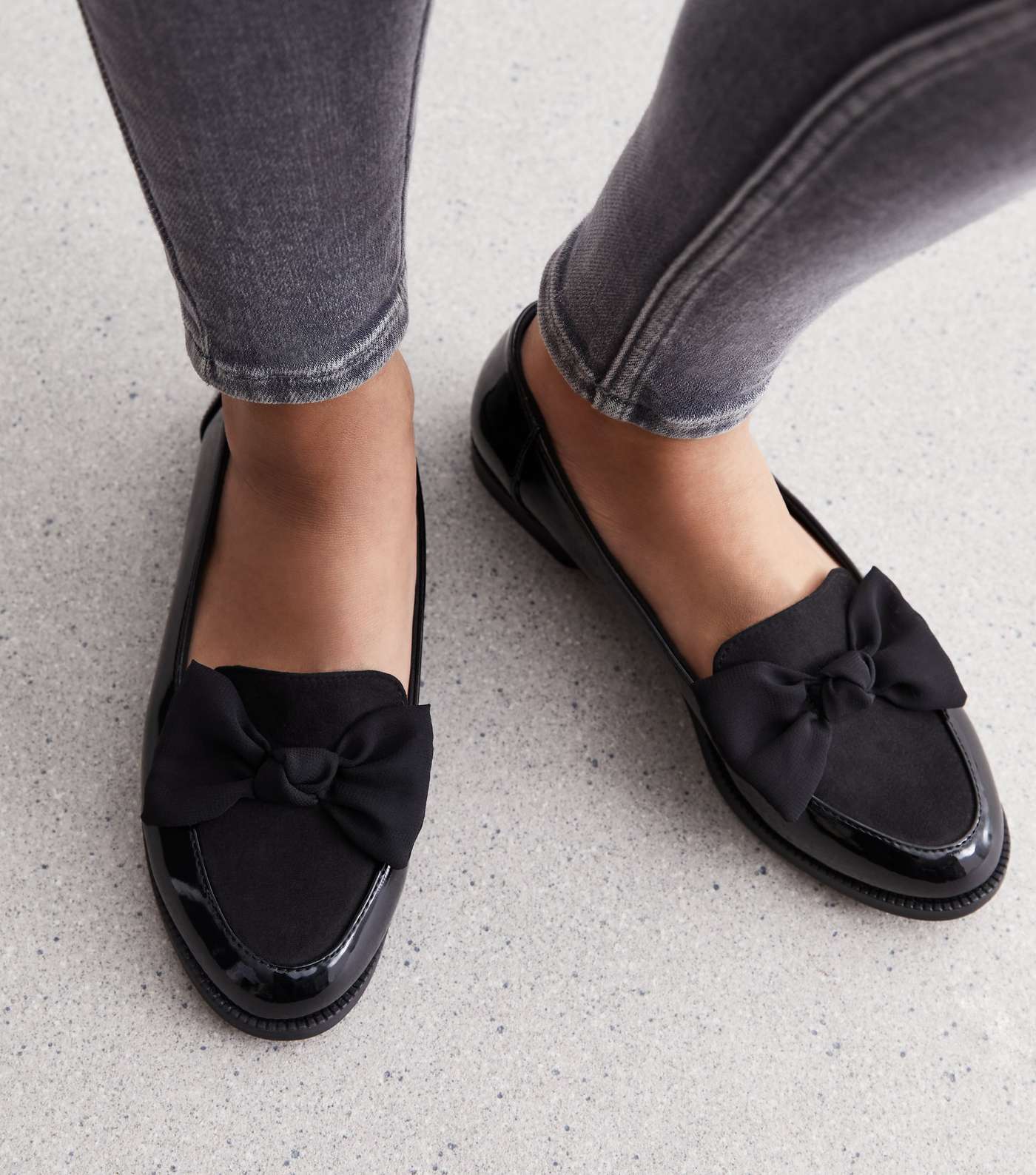 Black Patent Suedette Bow Loafers | New Look