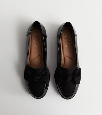 Black Patent Suedette Bow Loafers New Look