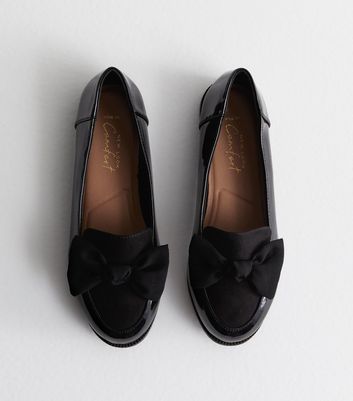 Wide Fit Black Patent Bow Front Loafers New Look