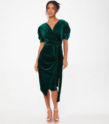 QUIZ Petite Dark Green Velvet Puff Sleeve Wrap Midi Dress New Look