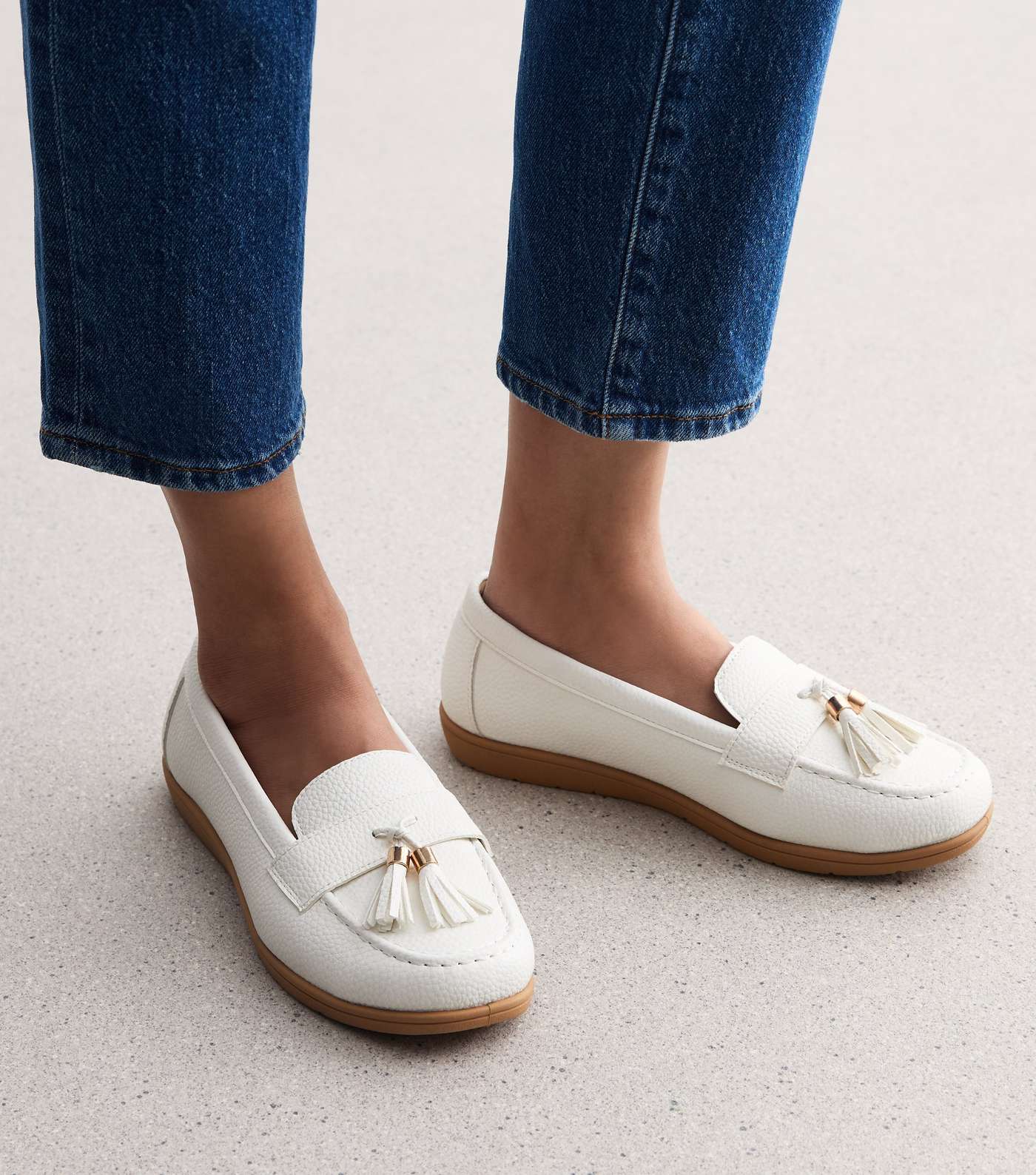 Wide Fit White Leather-Look Tassel Trim Loafers Image 2