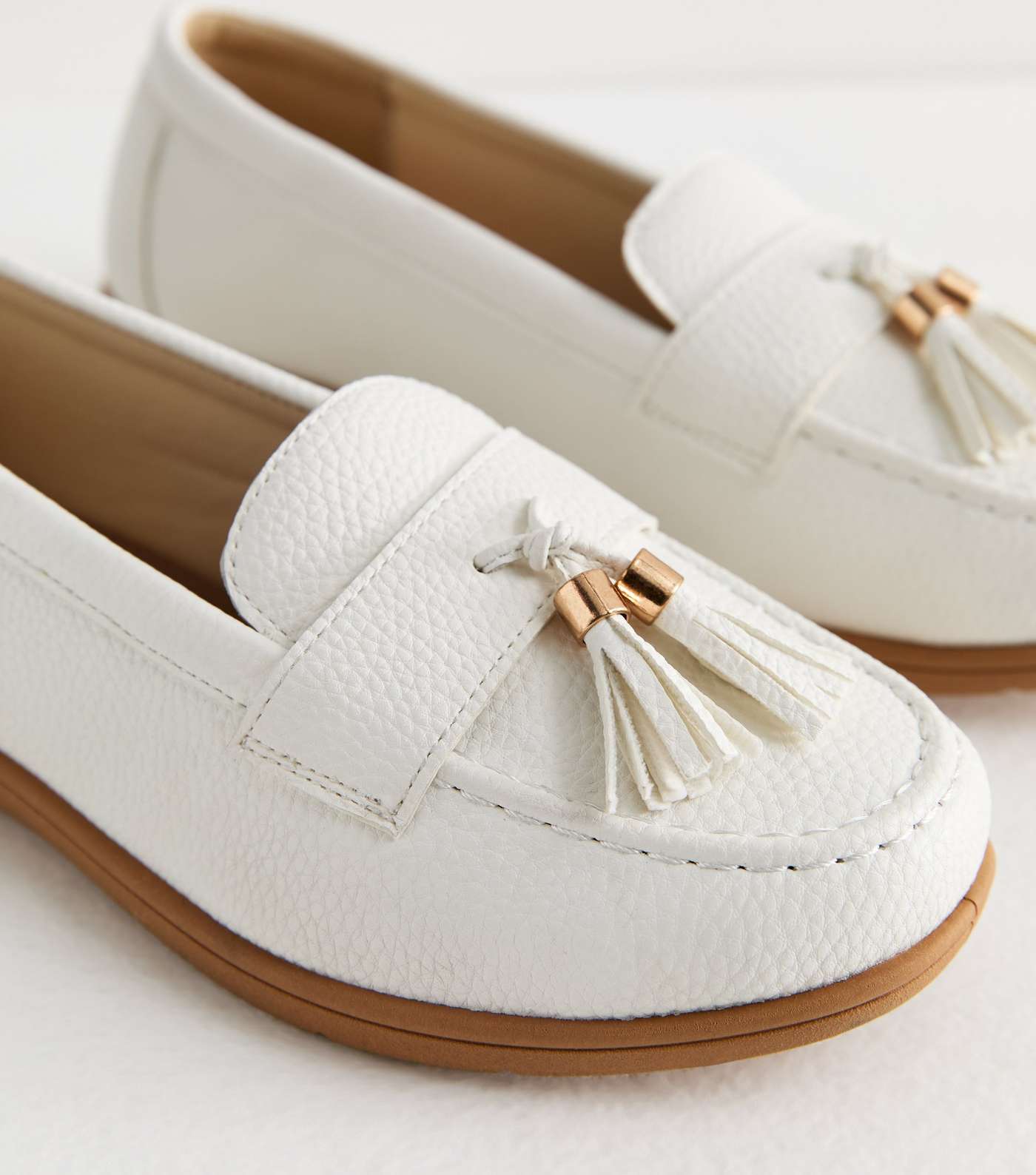 Wide Fit White Leather-Look Tassel Trim Loafers Image 4