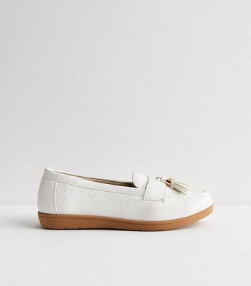 Wide Fit White Leather-Look Tassel Trim Loafers New Look