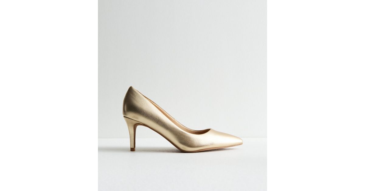 Wide Fit Gold Metallic Stiletto Heel Court Shoes | New Look