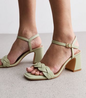 Wide Fit Light Green Plaited Block Heel Sandals New Look