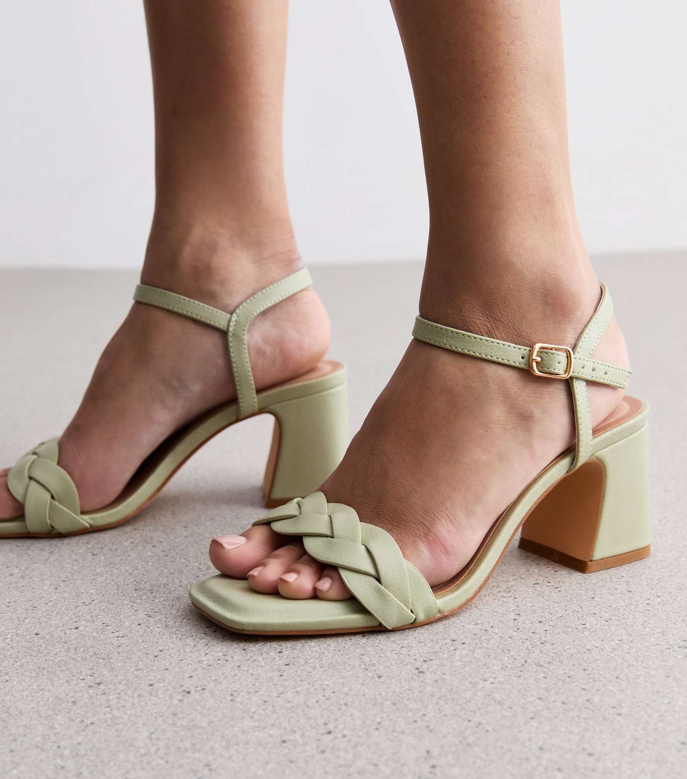 Wide Fit Light Green Plaited Block Heel Sandals Image 2
