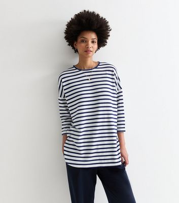 Tall Blue Stripe Fine Knit 3/4 Sleeve Top New Look
