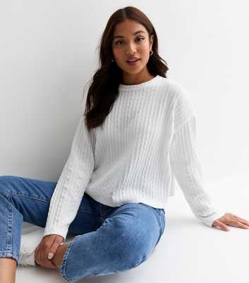 Petite White Cable Knit Pattern Jersey Long Sleeve Top