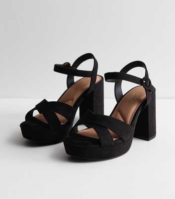 Extra Wide Fit Black Suedette Platform Block Heel Sandals