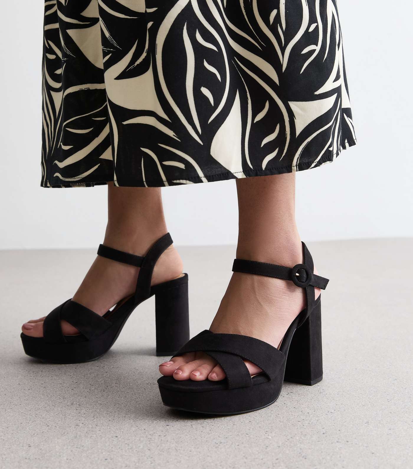 Extra Wide Fit Black Suedette Platform Block Heel Sandals Image 2