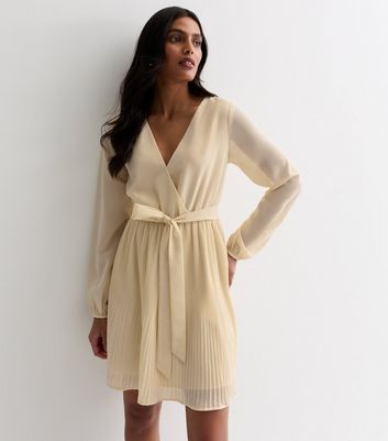 Gini London Stone Long Sleeve Belted Pleated Mini Dress New Look
