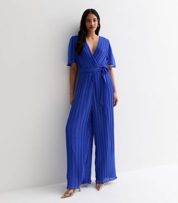 Gini London Blue Pleated Tie Belt Jumpsuit New Look