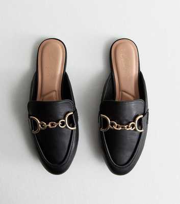 Black Leather-Look Chain Trim Mule Loafers