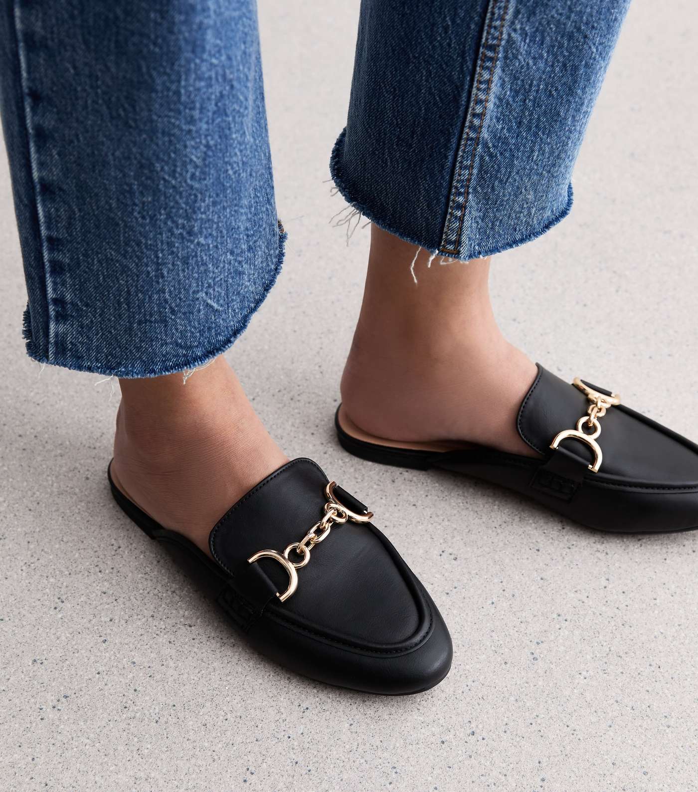 Black Leather-Look Chain Trim Mule Loafers Image 2