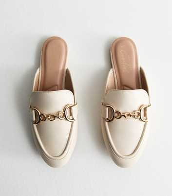 Off White Leather-Look Chain Trim Mule Loafers