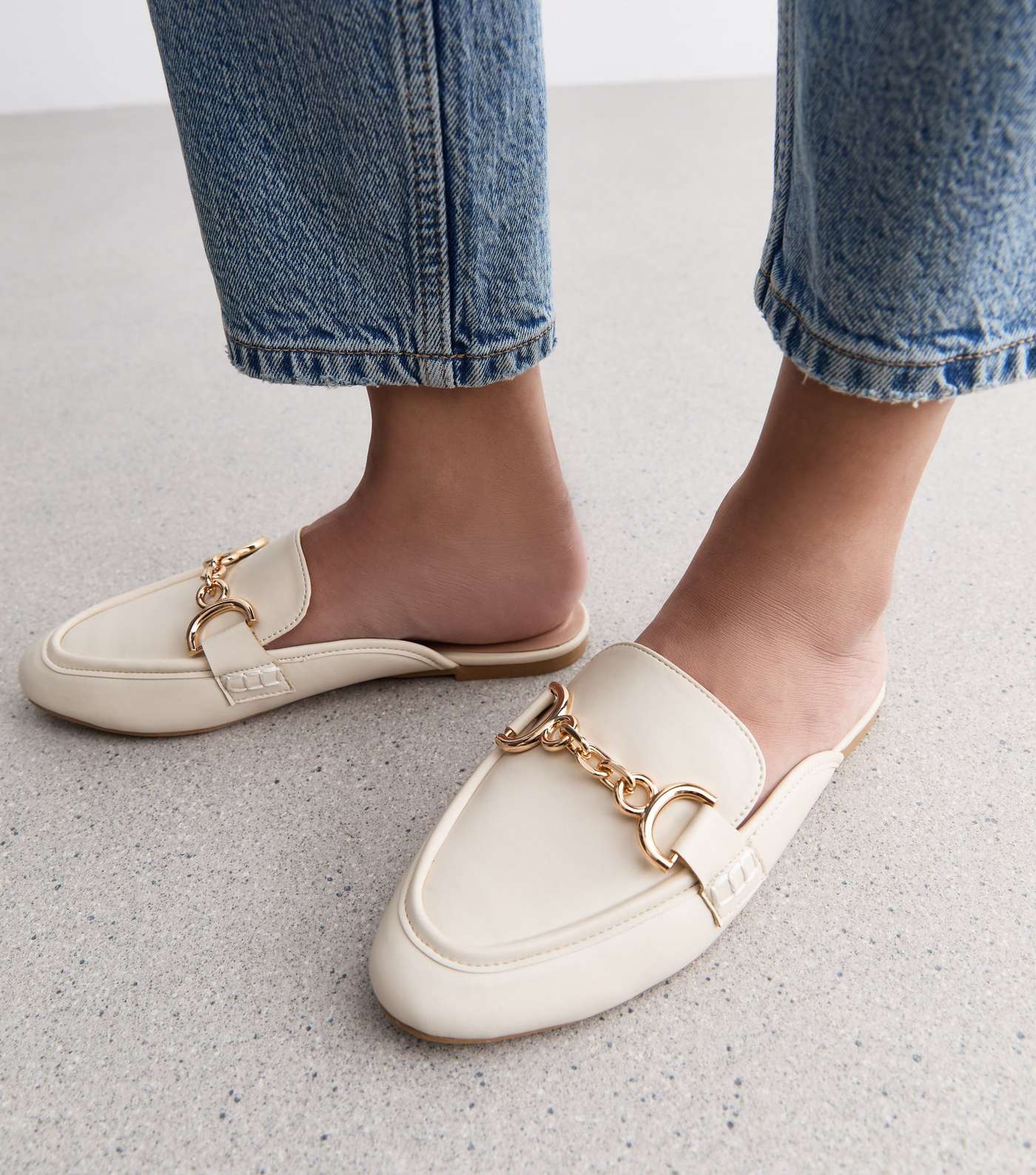 Off White Leather-Look Chain Trim Mule Loafers Image 2