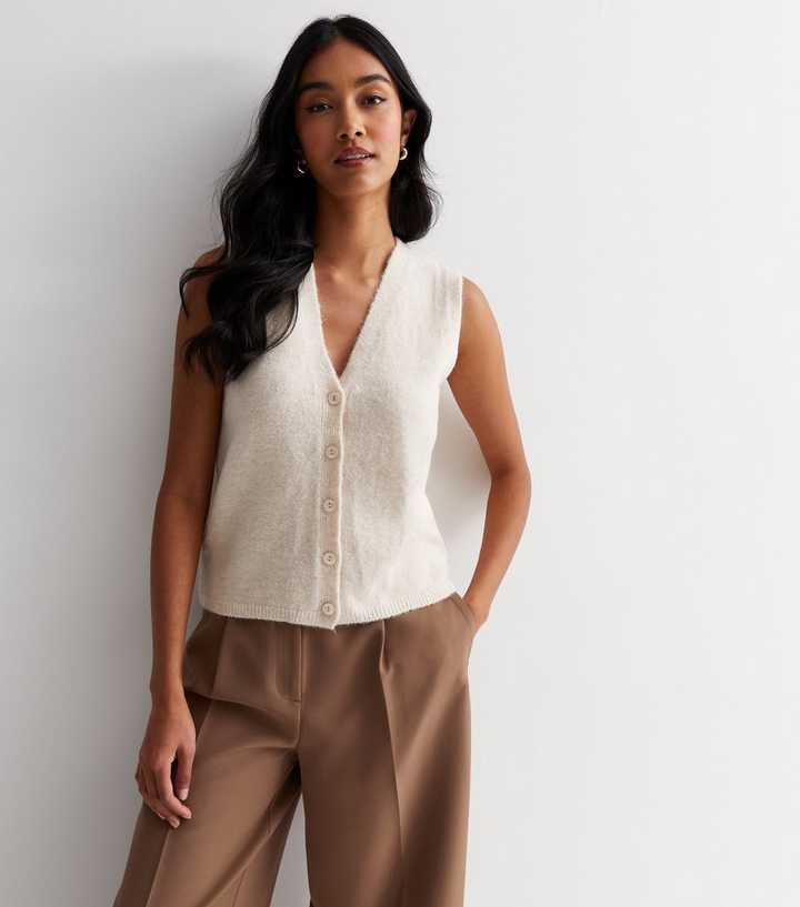 Cream Knit Button Front Vest