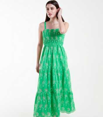 Blue Vanilla Green Broderie Cotton Shirred Tiered Midi Dress