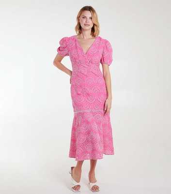 Blue Vanilla Pink Cotton Broderie Puff Sleeve Midi Dress