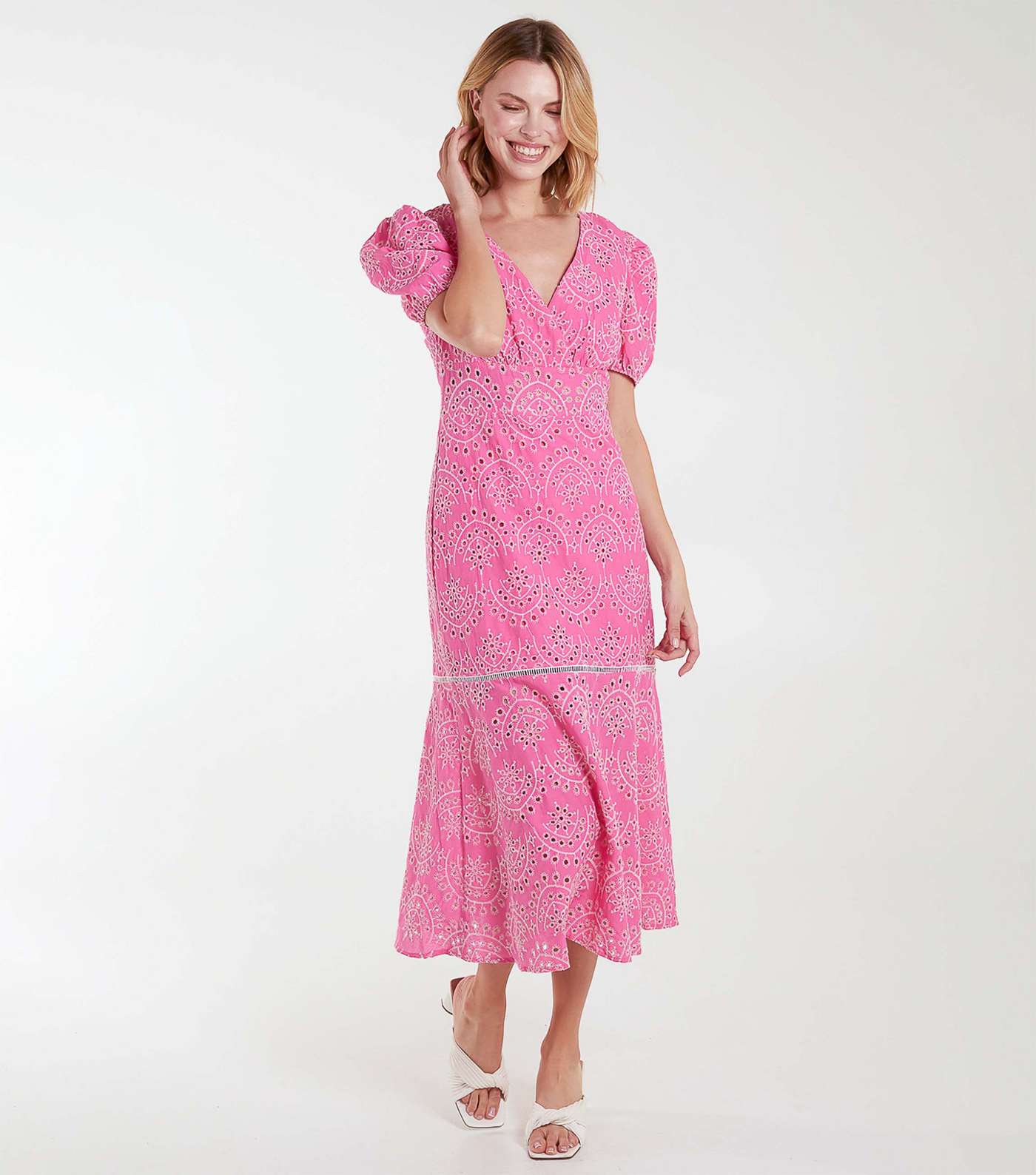 Blue Vanilla Pink Cotton Broderie Puff Sleeve Midi Dress Image 2