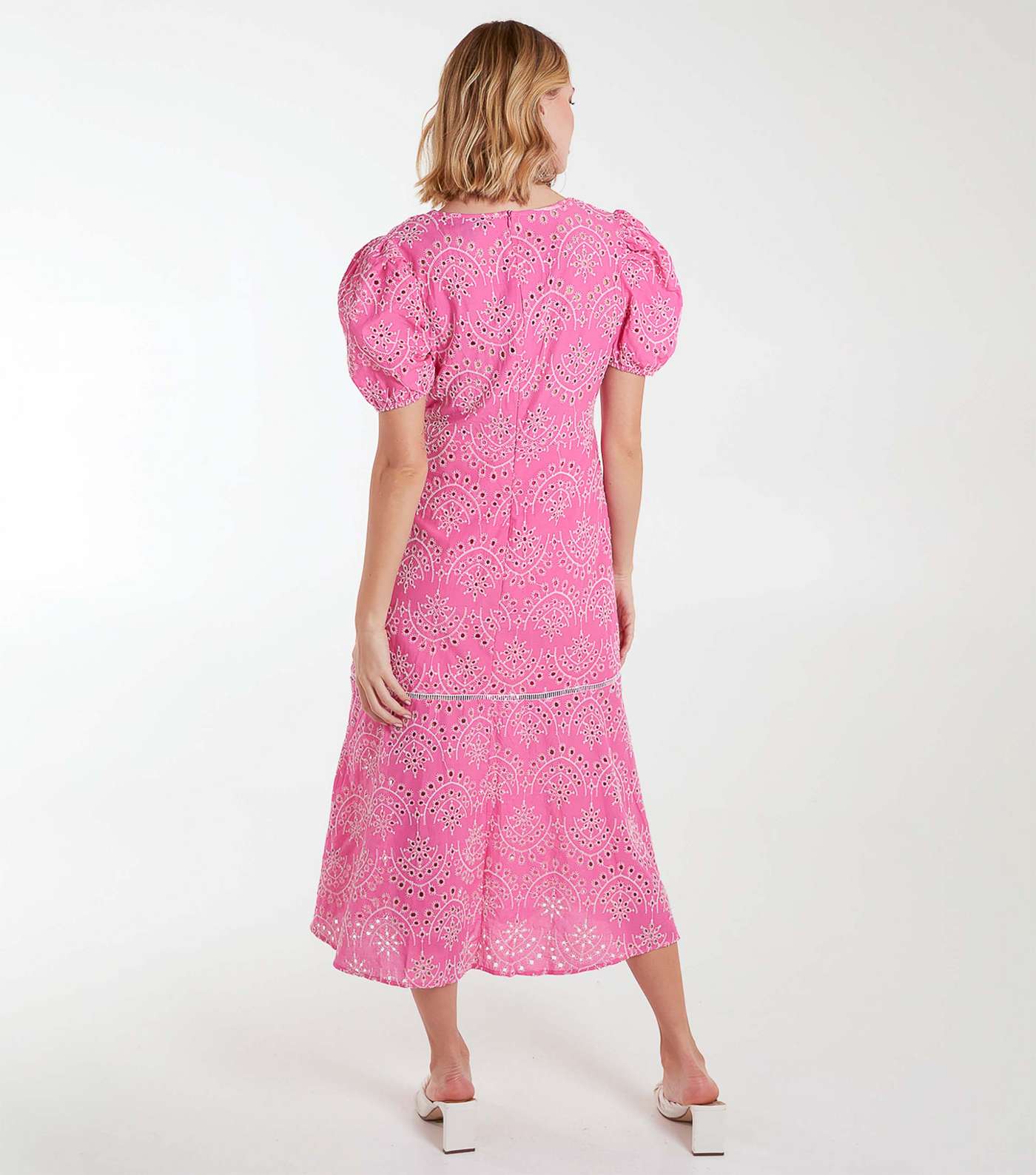 Blue Vanilla Pink Cotton Broderie Puff Sleeve Midi Dress Image 4