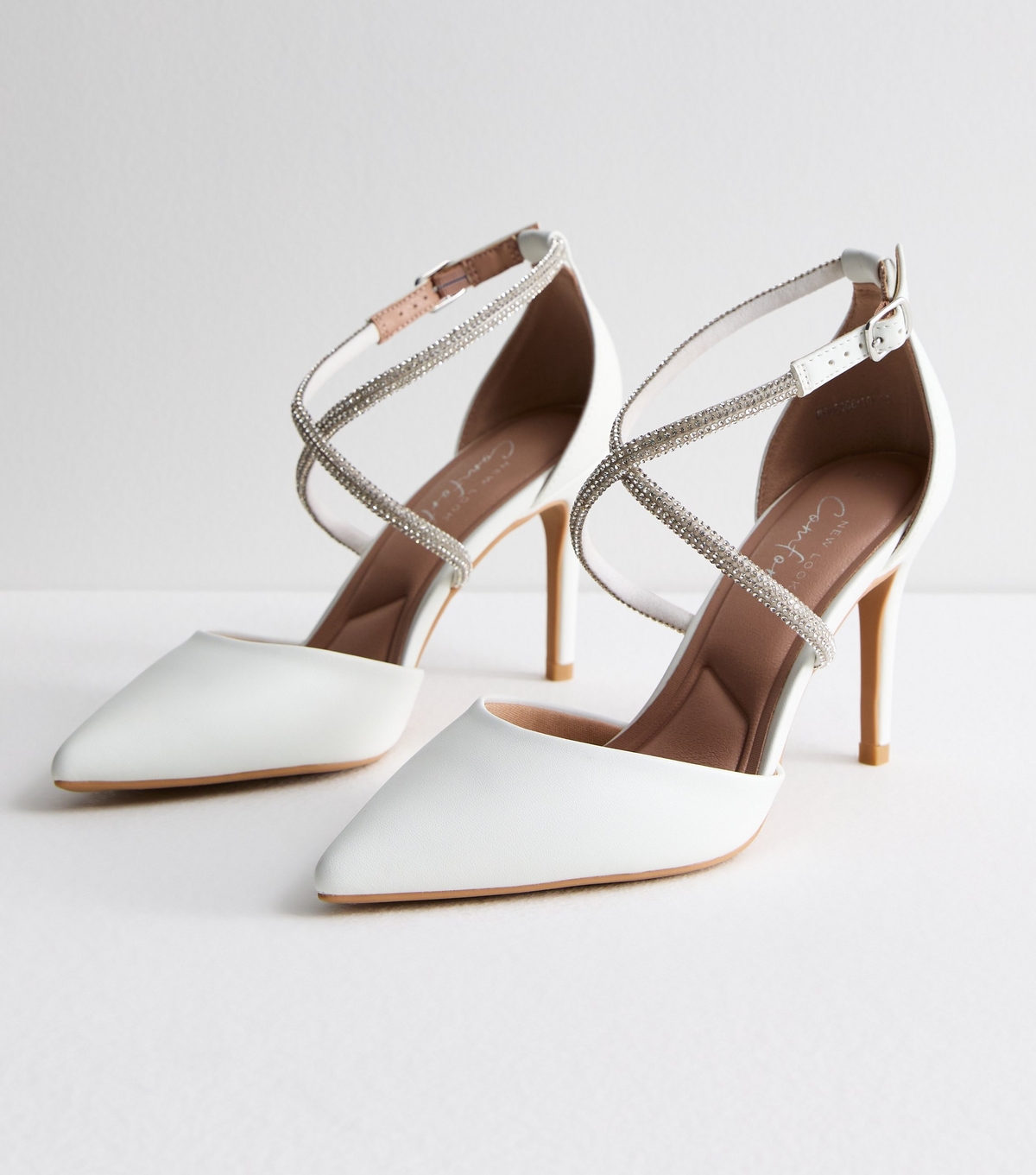 Women's White Diamanté Strap Pointed Stiletto Heel Pumps New Look