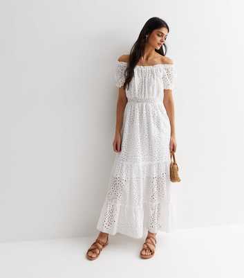 Blue Vanilla White Cotton Broderie Bardot Midi Dress