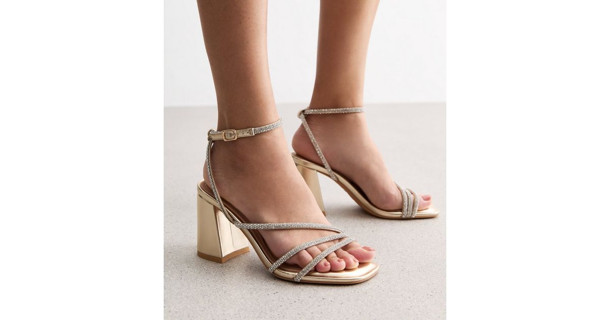 Gold Multi Strap Diamanté Block Heel Sandals New Look
