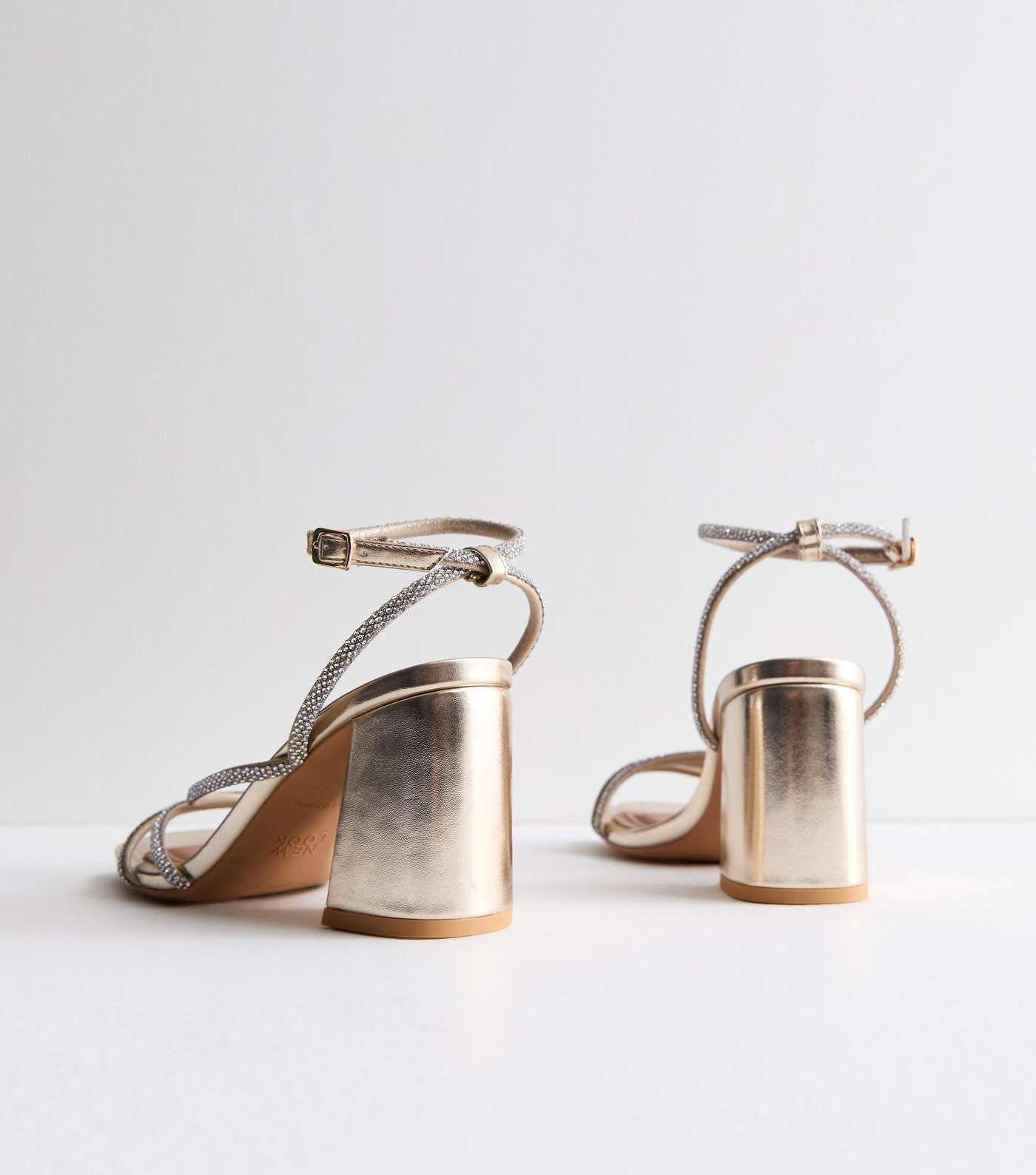 Gold Multi Strap Diamanté Block Heel Sandals  Image 4