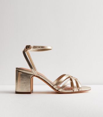 Gold Leather-Look Strappy Block Heel Sandals New Look