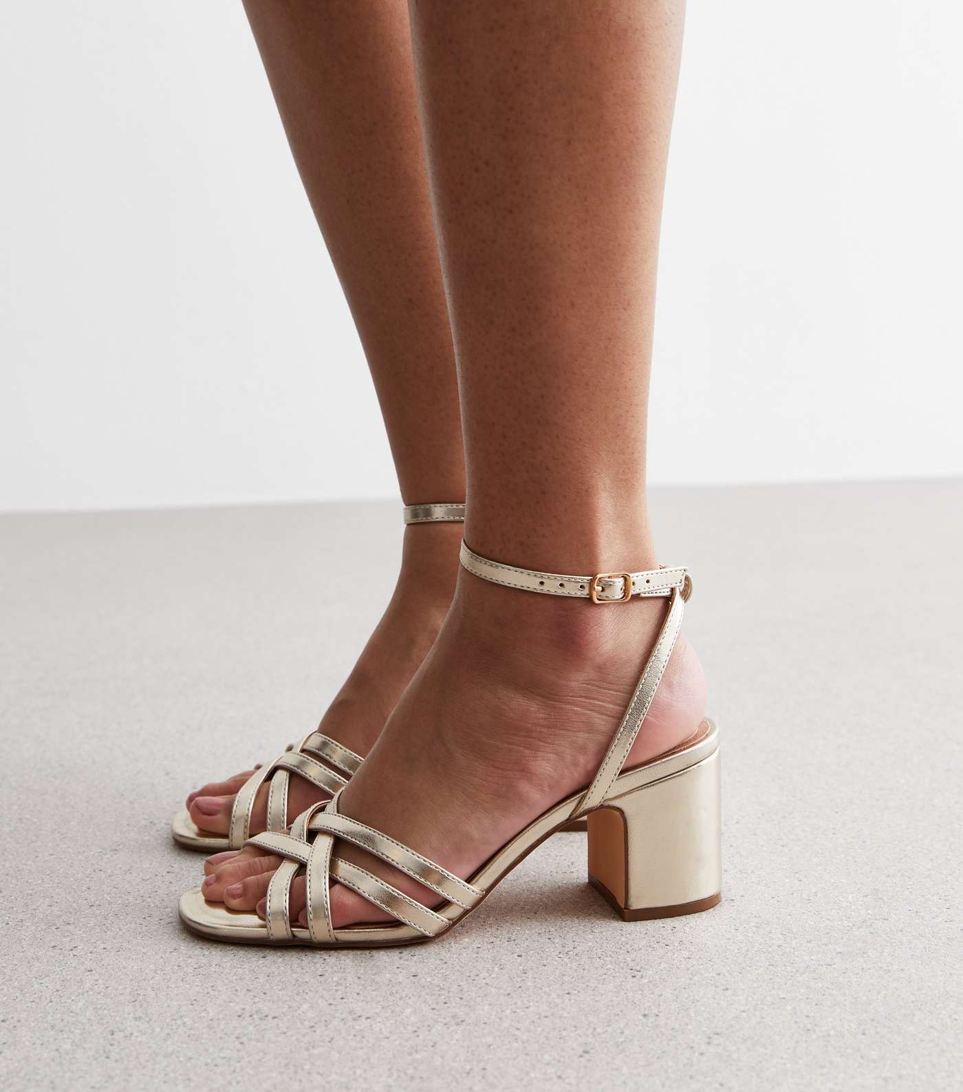 Gold Leather-Look Strappy Block Heel Sandals Image 2