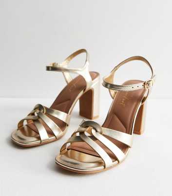 Wide Fit Gold Leather-Look Twist Block Heel Sandals