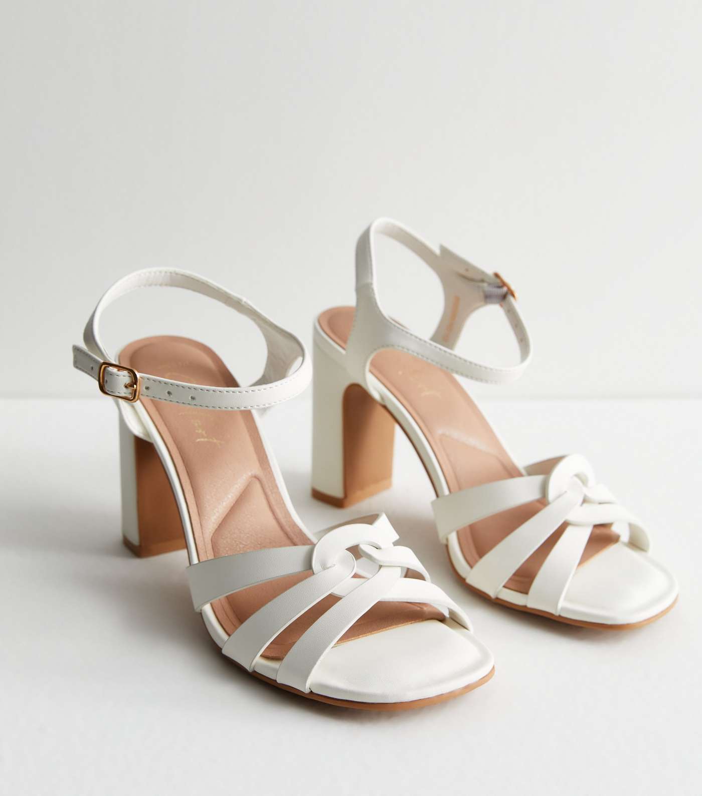 Wide Fit White Leather-Look Twist Block Heel Sandals Image 3