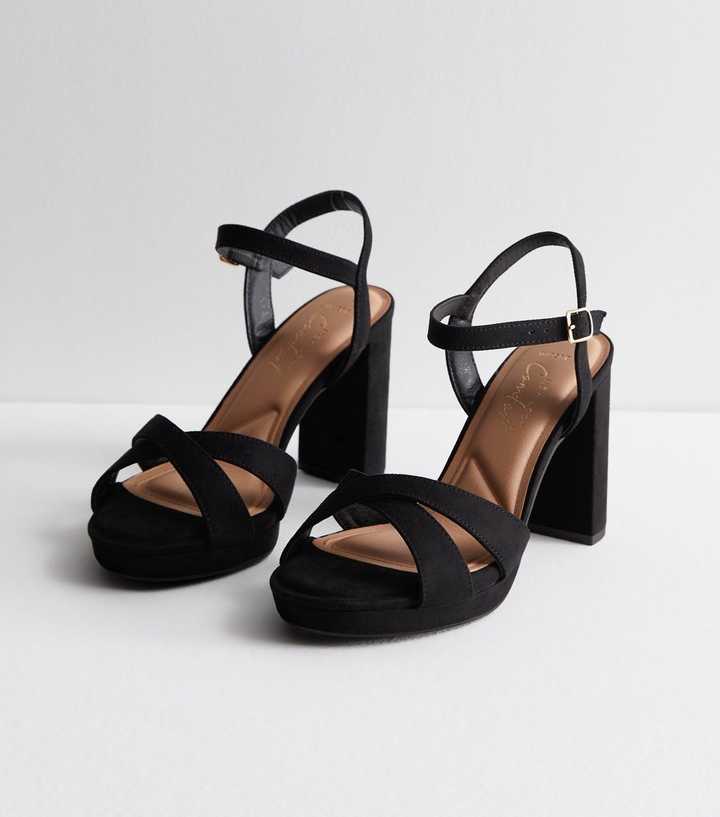 Wide Fit Black 2 Part Suedette Block Heel Sandals | New Look