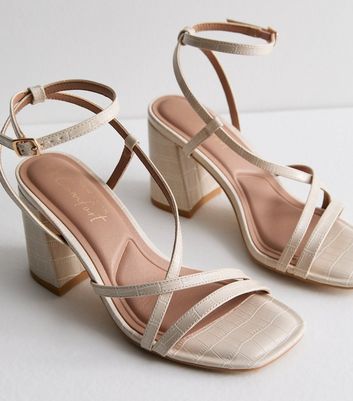 Wide Fit Off White Faux Croc Multi Strap Block Heel Sandals New Look