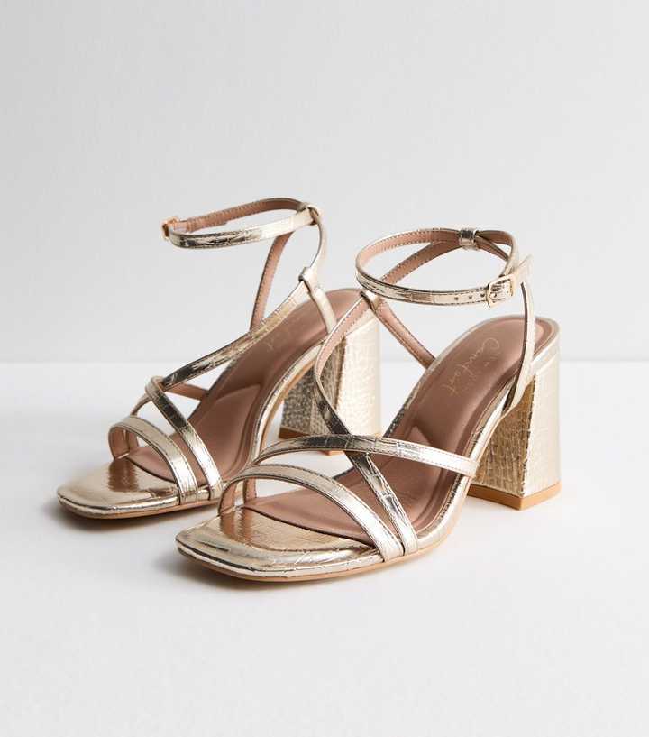 Wide Fit Gold Faux Croc Multi Strap Block Heel Sandals