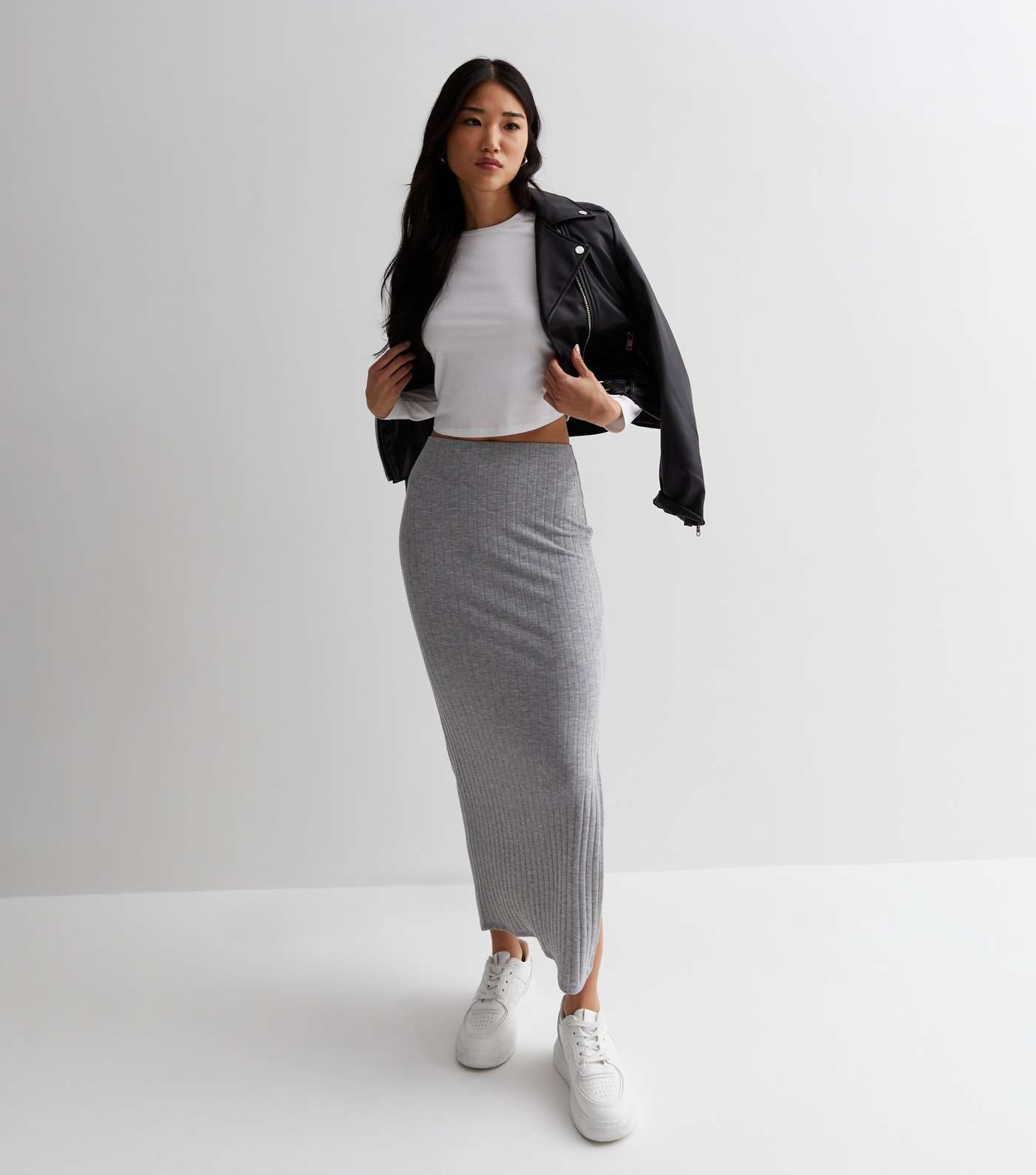 Pale Grey Ribbed Jersey High Waist Midi Skirt Image 3