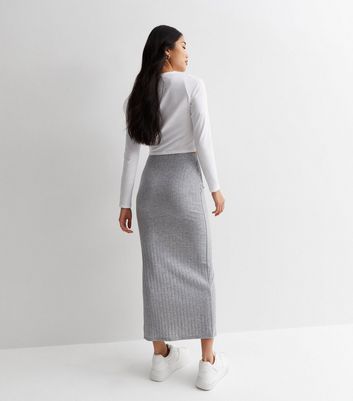Pale Grey Ribbed Jersey High Waist Midi Skirt New Look