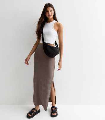 Light Brown Ribbed Jersey High Waist Midi Skirt