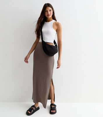 Light Brown Ribbed Jersey High Waist Midi Skirt New Look