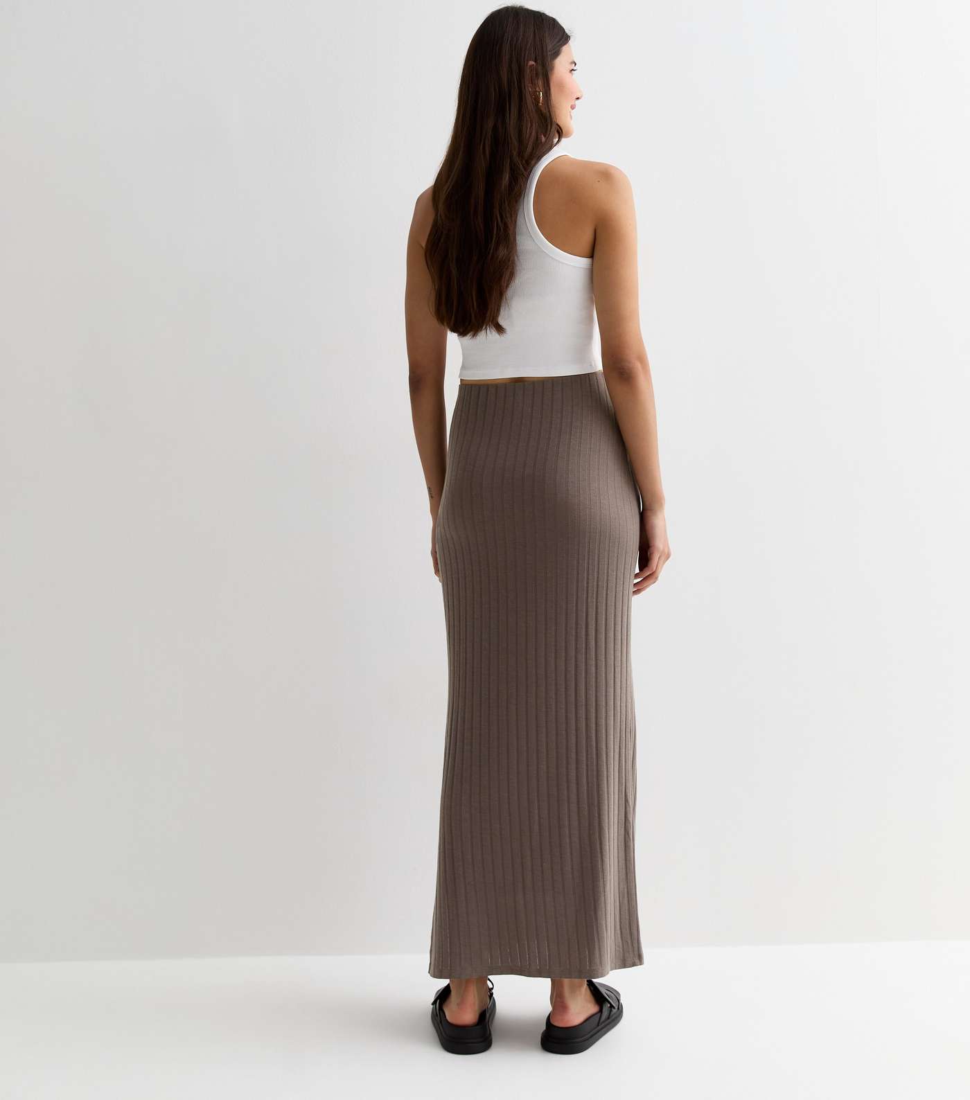 Light Brown Ribbed Jersey High Waist Midi Skirt Image 4