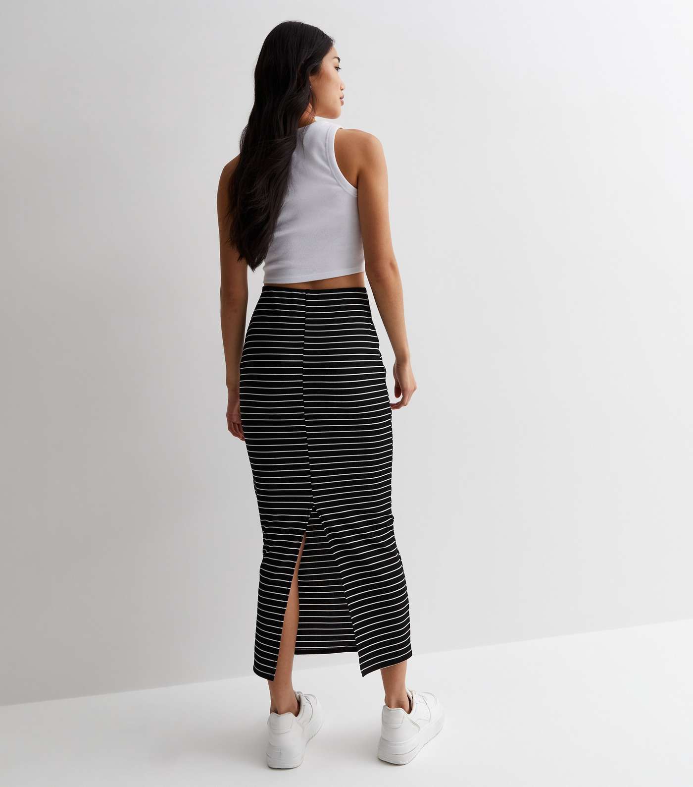 Black Stripe Ribbed Jersey High Waist Midi Skirt Image 4